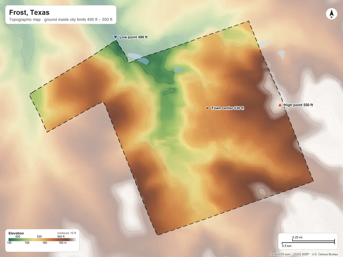 Topographic elevation map of Frost, Texas, shaded from 490 ft on the northwest side to 550 ft on the east side