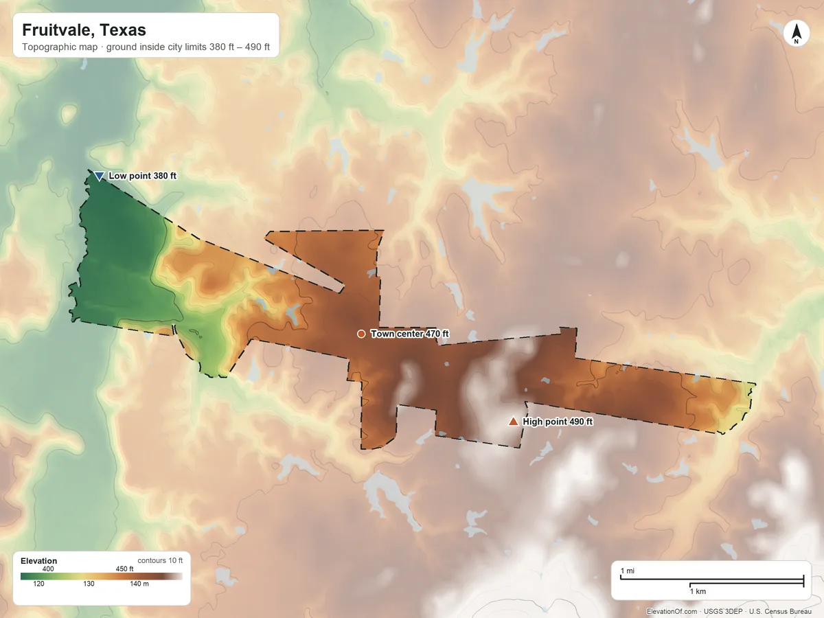 Topographic elevation map of Fruitvale, Texas, shaded from 380 ft on the northwest side to 490 ft on the southeast side