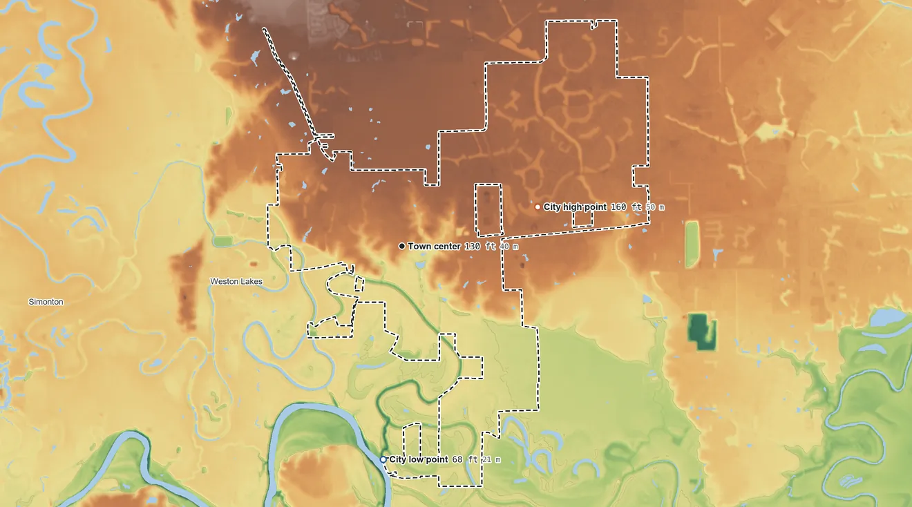 Topographic elevation map of Fulshear, Texas, shaded from 68 ft on the south side to 160 ft on the east side