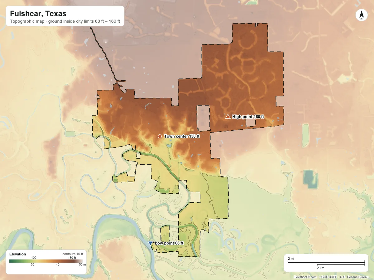 Topographic elevation map of Fulshear, Texas, shaded from 68 ft on the south side to 160 ft on the east side