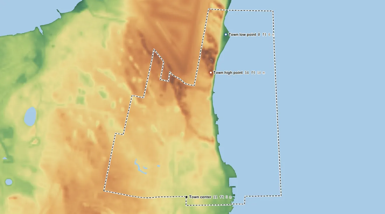 Topographic elevation map of Fulton, Texas, shaded from sea level level on Aransas Bay to 34 ft on the north side