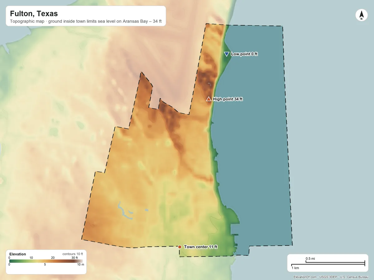 Topographic elevation map of Fulton, Texas, shaded from sea level level on Aransas Bay to 34 ft on the north side