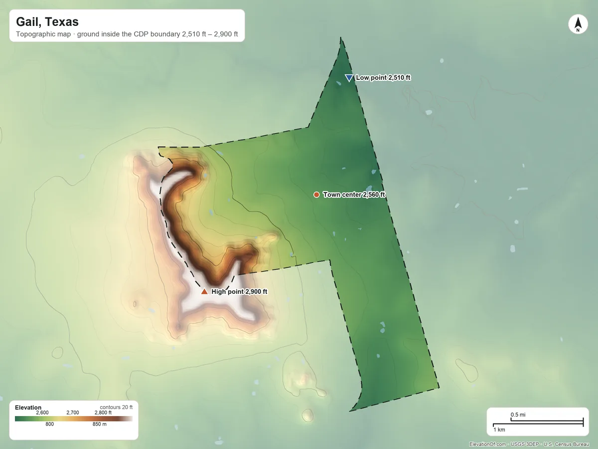 Topographic elevation map of Gail, Texas, shaded from 2,510 ft on the north side to 2,900 ft on Gail Mountain