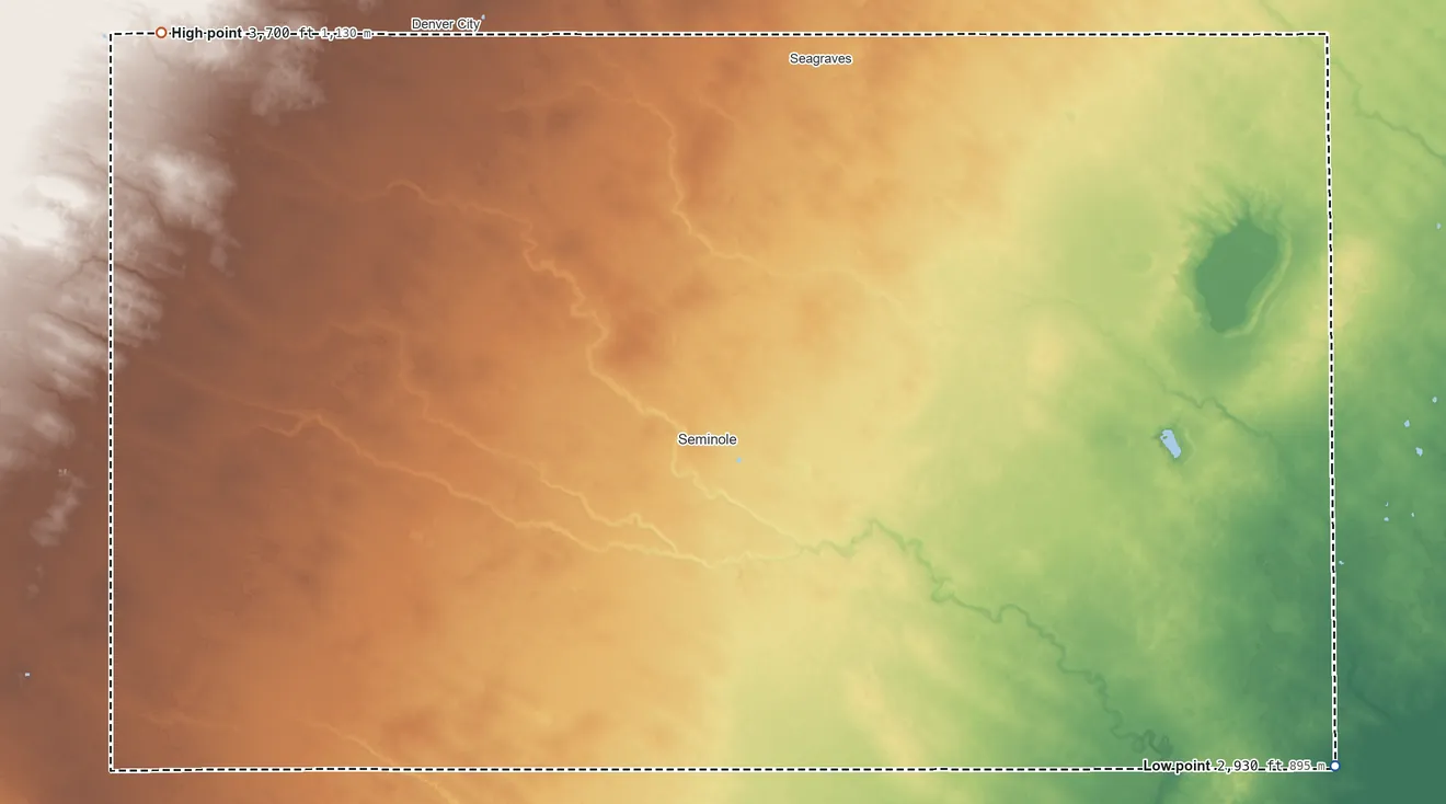 Topographic elevation map of Gaines County, Texas, shaded from 2,930 ft on the southeast side to 3,700 ft on the northwest side