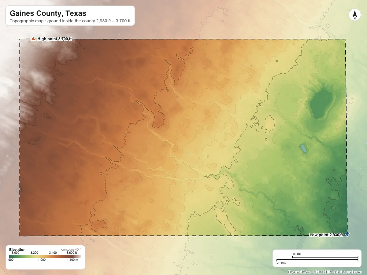Topographic elevation map of Gaines County, Texas, shaded from 2,930 ft on the southeast side to 3,700 ft on the northwest side