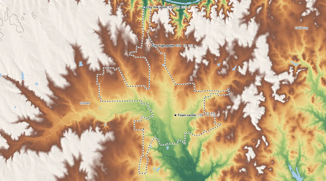 Topographic elevation map of Gainesville, Texas, shaded from 680 ft on the north side to 870 ft on the north side