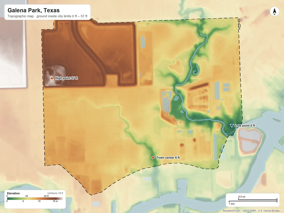Topographic elevation map of Galena Park, Texas, shaded from 0 ft on the east side to 57 ft on the northwest side