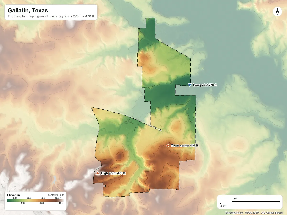 Topographic elevation map of Gallatin, Texas, shaded from 270 ft on the north side to 470 ft on the west side