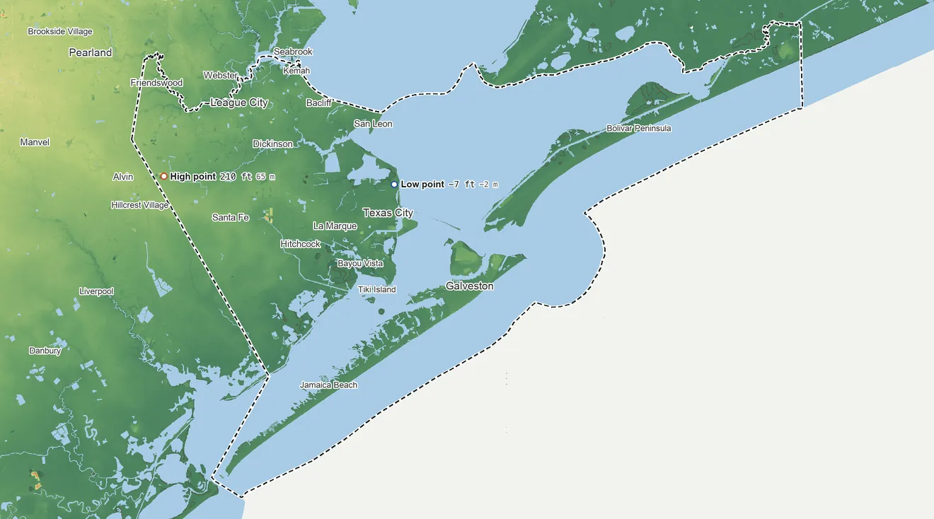 Topographic elevation map of Galveston County, Texas, shaded from 7 ft below sea level on the northwest side to 210 ft on the west side