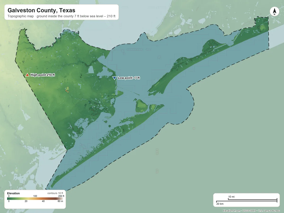 Topographic elevation map of Galveston County, Texas, shaded from 7 ft below sea level on the northwest side to 210 ft on the west side
