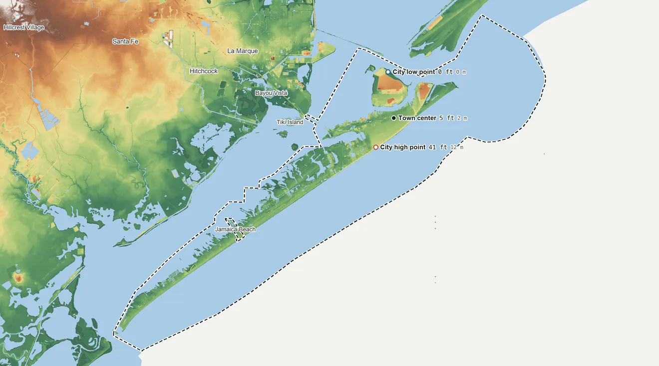 Topographic elevation map of Galveston, Texas, shaded from 0 ft near the middle to 41 ft near the middle