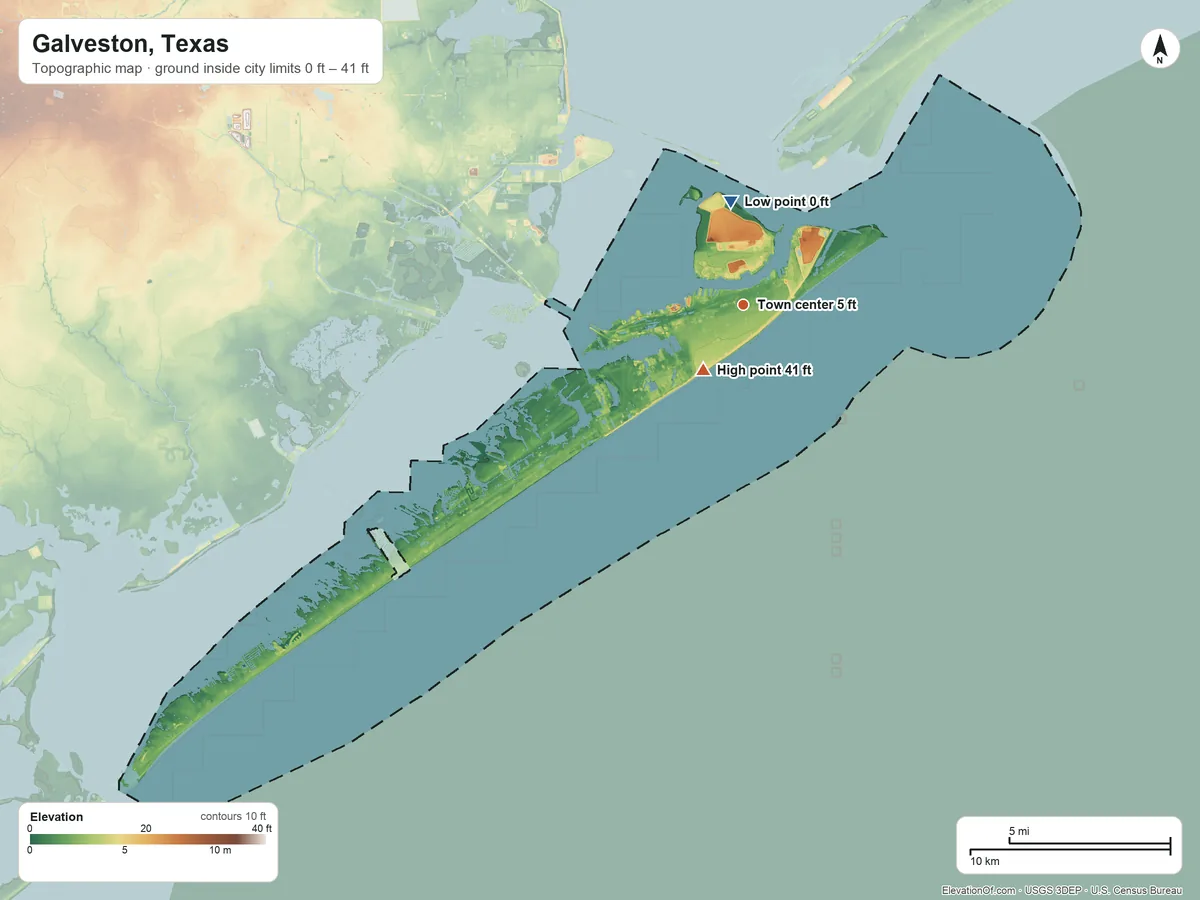 Topographic elevation map of Galveston, Texas, shaded from 0 ft near the middle to 41 ft near the middle