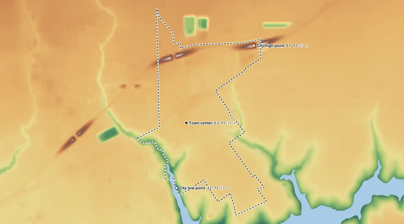 Topographic elevation map of Ganado, Texas, shaded from 42 ft on the south side to 87 ft on the northeast side
