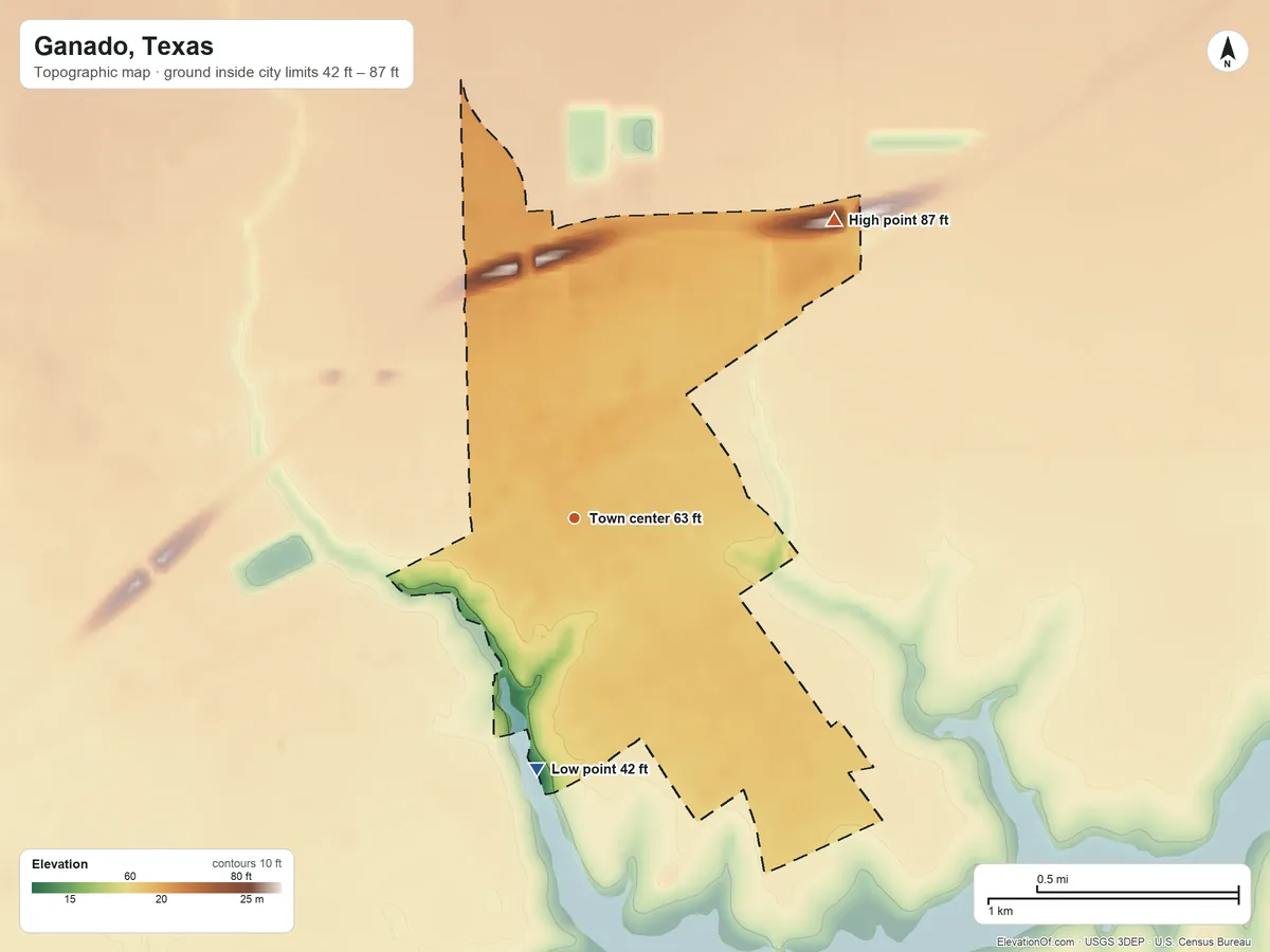 Topographic elevation map of Ganado, Texas, shaded from 42 ft on the south side to 87 ft on the northeast side