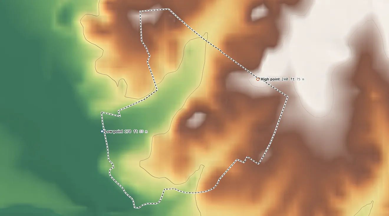 Topographic elevation map of Garceno, Texas, shaded from 170 ft on the west side to 240 ft on the east side