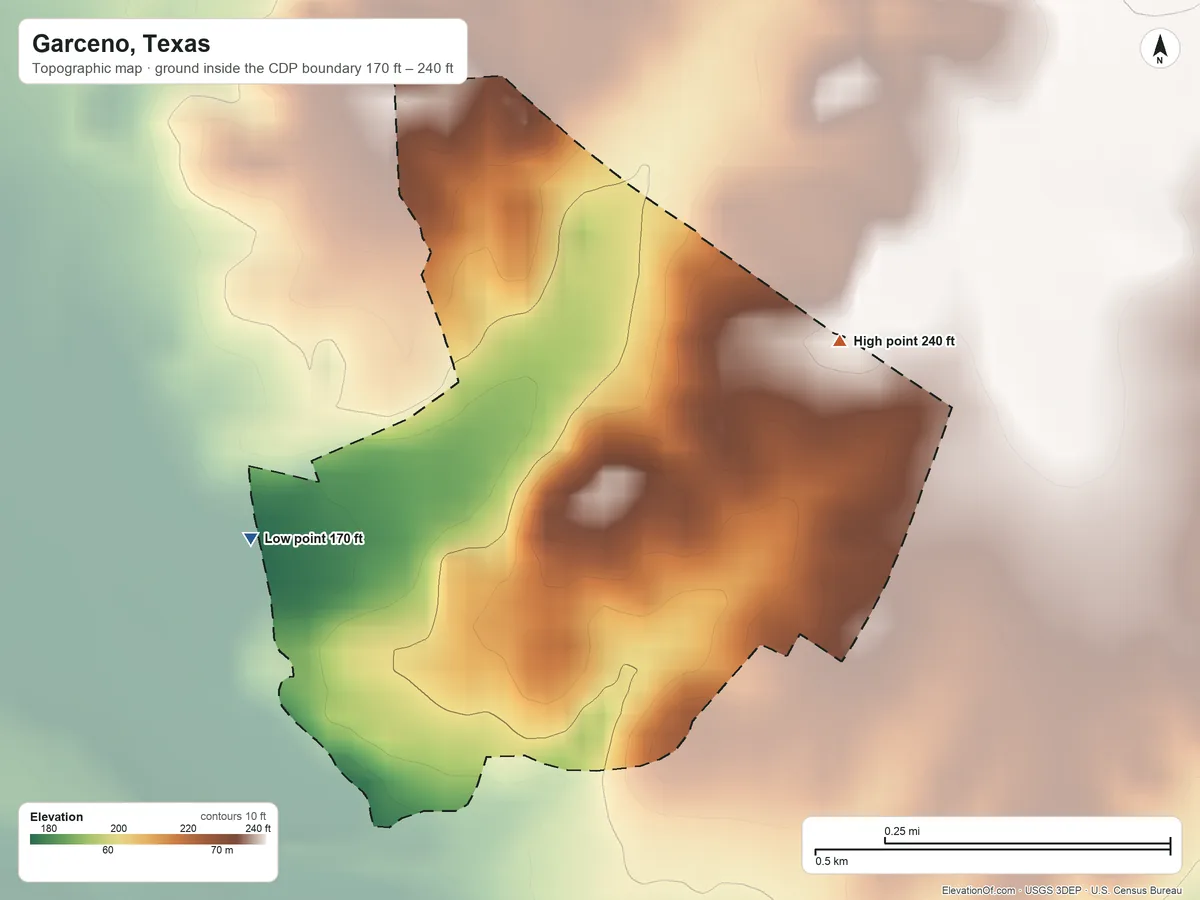 Topographic elevation map of Garceno, Texas, shaded from 170 ft on the west side to 240 ft on the east side