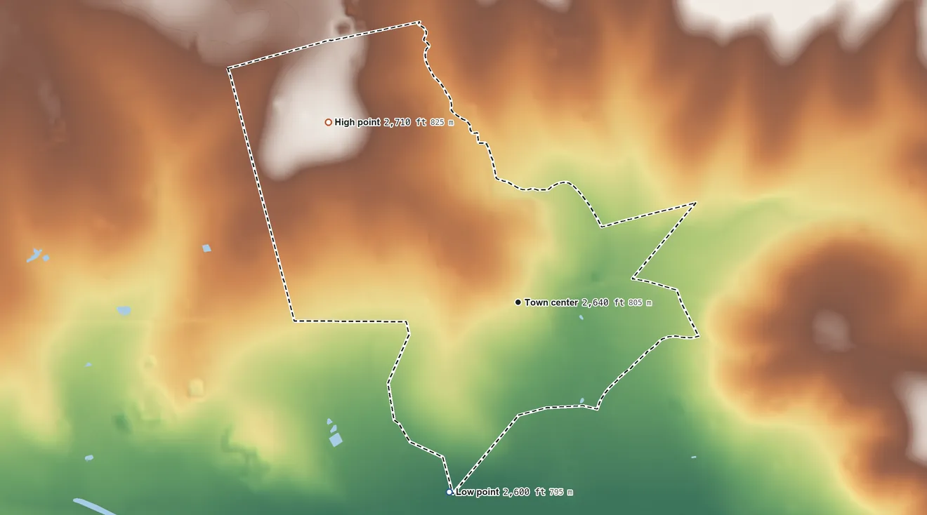 Topographic elevation map of Garden City, Texas, shaded from 2,600 ft on the south side to 2,710 ft on the northwest side