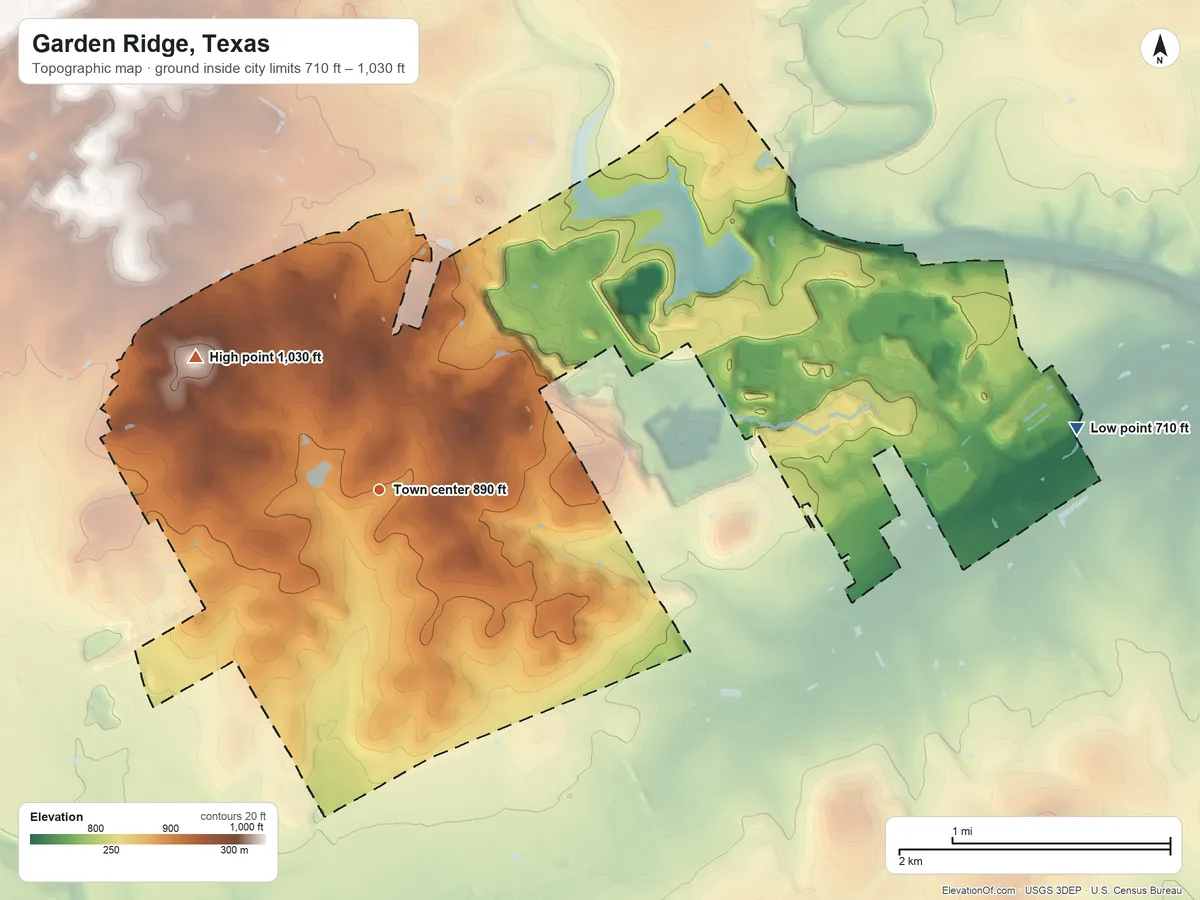 Topographic elevation map of Garden Ridge, Texas, shaded from 710 ft on the east side to 1,030 ft on the northwest side