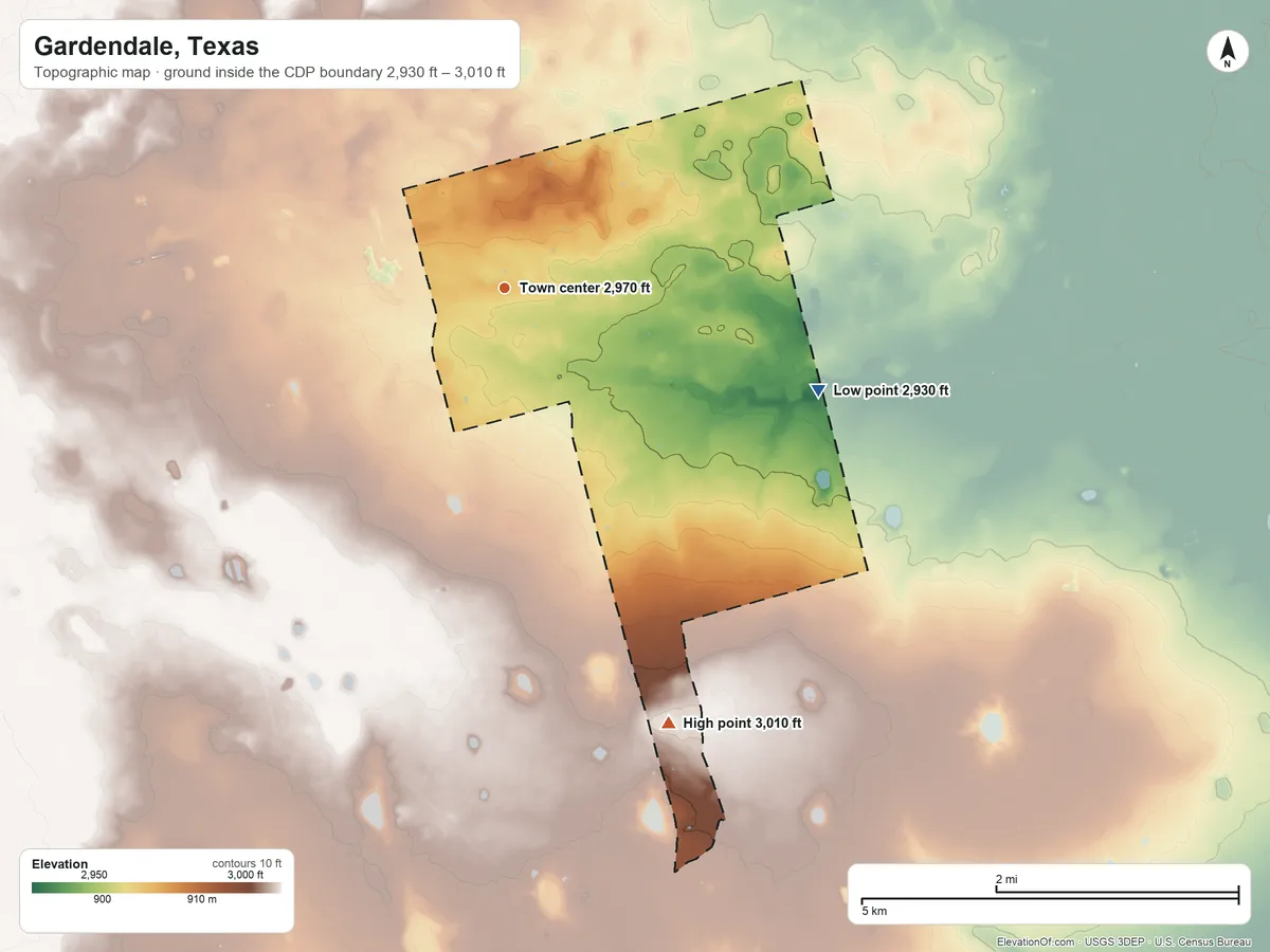Topographic elevation map of Gardendale, Texas, shaded from 2,930 ft on the east side to 3,010 ft on the south side