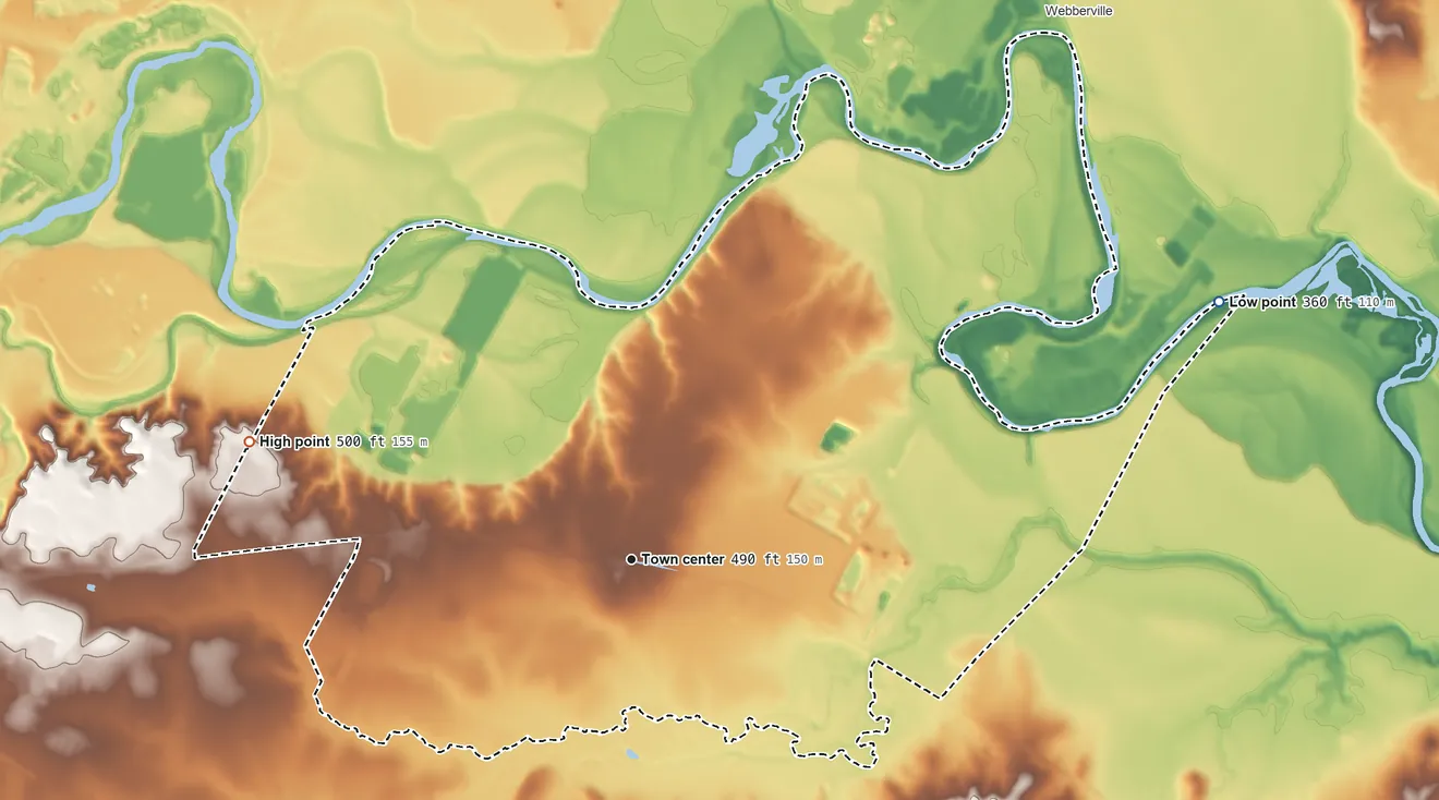 Topographic elevation map of Garfield, Texas, shaded from 360 ft on the northeast side to 500 ft on the west side