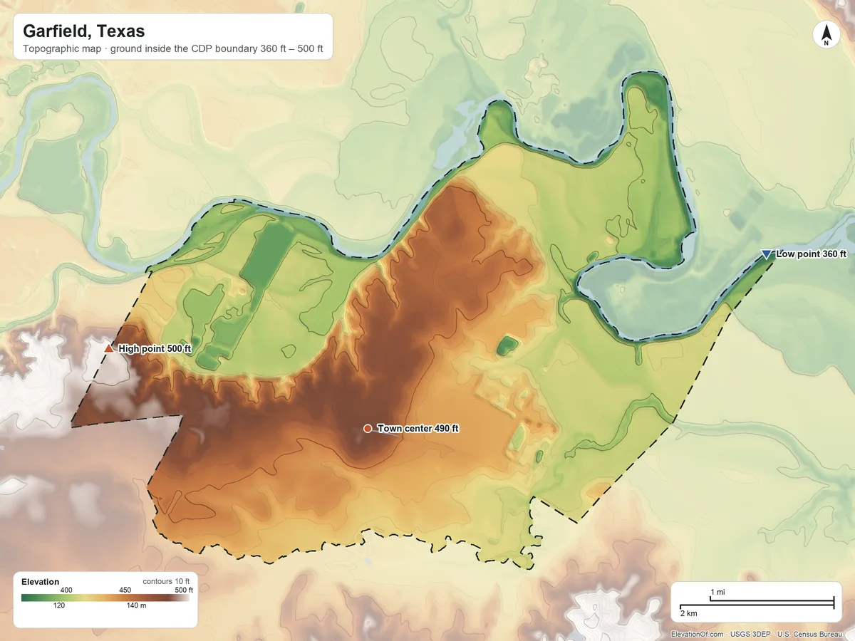 Topographic elevation map of Garfield, Texas, shaded from 360 ft on the northeast side to 500 ft on the west side