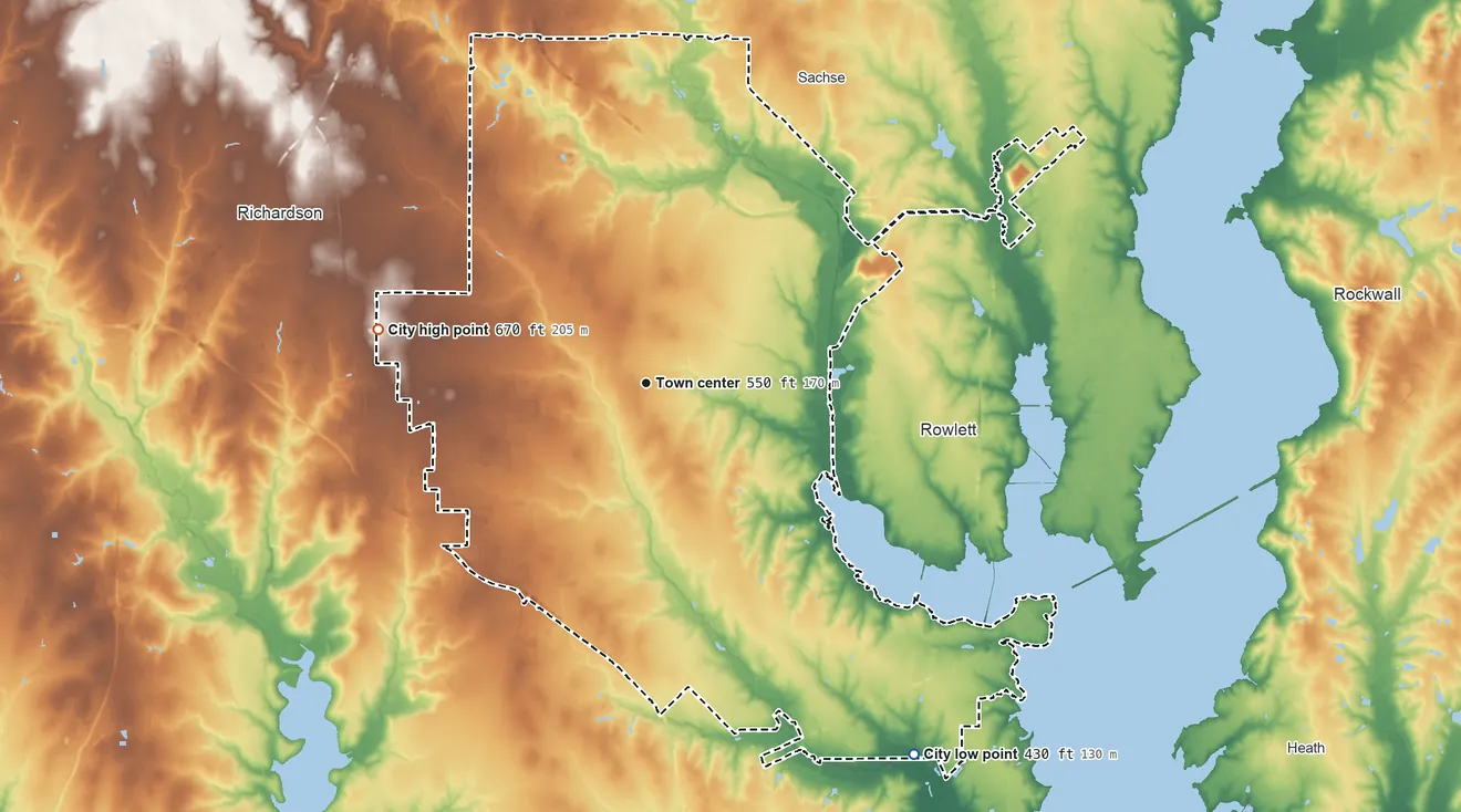 Topographic elevation map of Garland, Texas, shaded from 430 ft on the southeast side to 670 ft on the west side