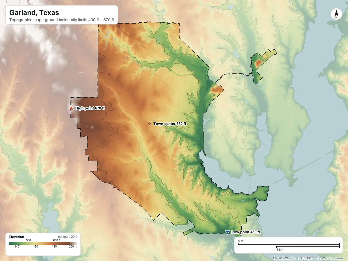 Topographic elevation map of Garland, Texas, shaded from 430 ft on the southeast side to 670 ft on the west side