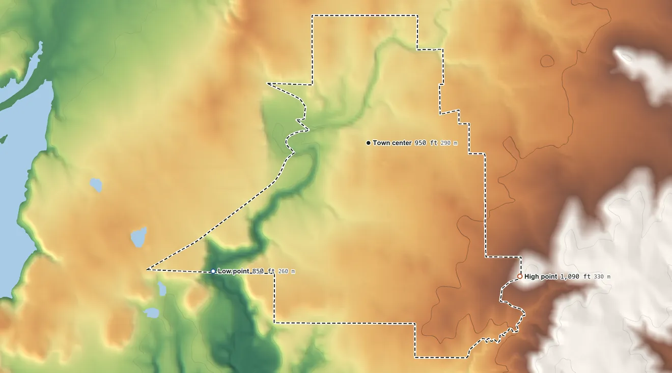 Topographic elevation map of Garner, Texas, shaded from 850 ft on the southwest side to 1,090 ft on the southeast side