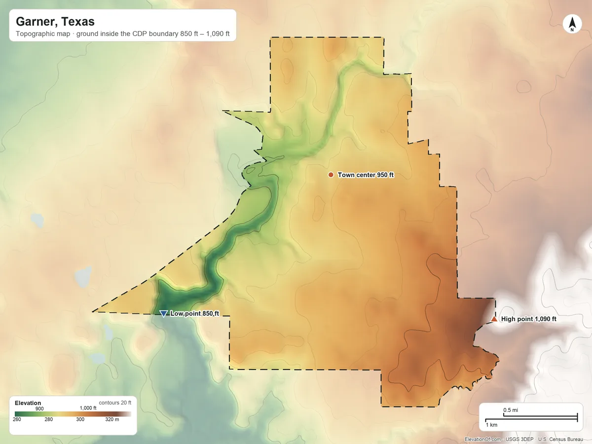 Topographic elevation map of Garner, Texas, shaded from 850 ft on the southwest side to 1,090 ft on the southeast side