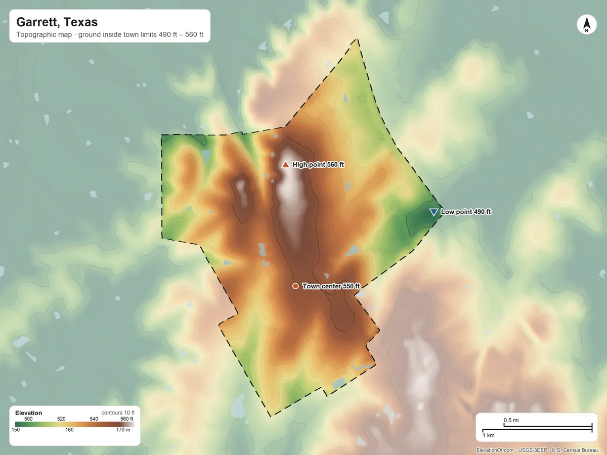 Topographic elevation map of Garrett, Texas, shaded from 490 ft on the northeast side to 560 ft on the north side