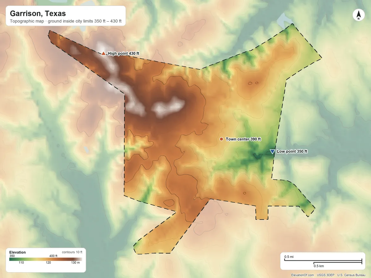 Topographic elevation map of Garrison, Texas, shaded from 350 ft on the east side to 430 ft on the northwest side