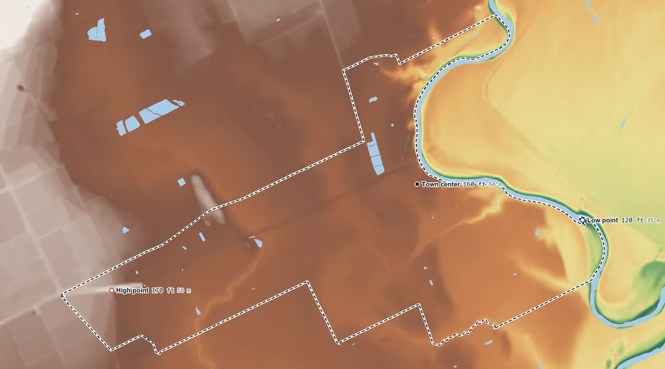 Topographic elevation map of Garwood, Texas, shaded from 120 ft on the east side to 170 ft on the west side