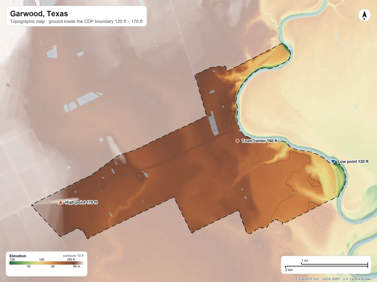Topographic elevation map of Garwood, Texas, shaded from 120 ft on the east side to 170 ft on the west side