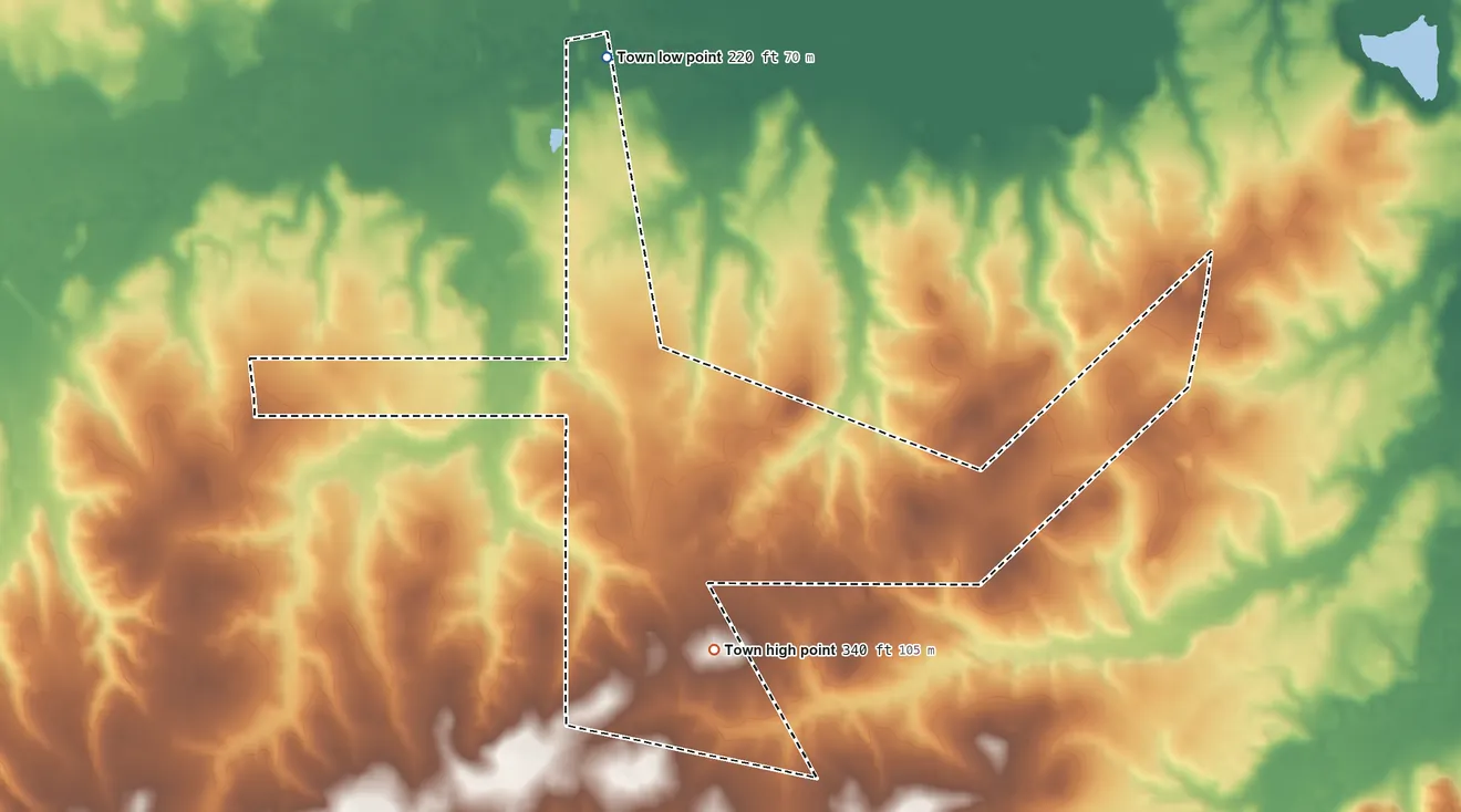 Topographic elevation map of Gary City, Texas, shaded from 220 ft on the north side to 340 ft on the south side