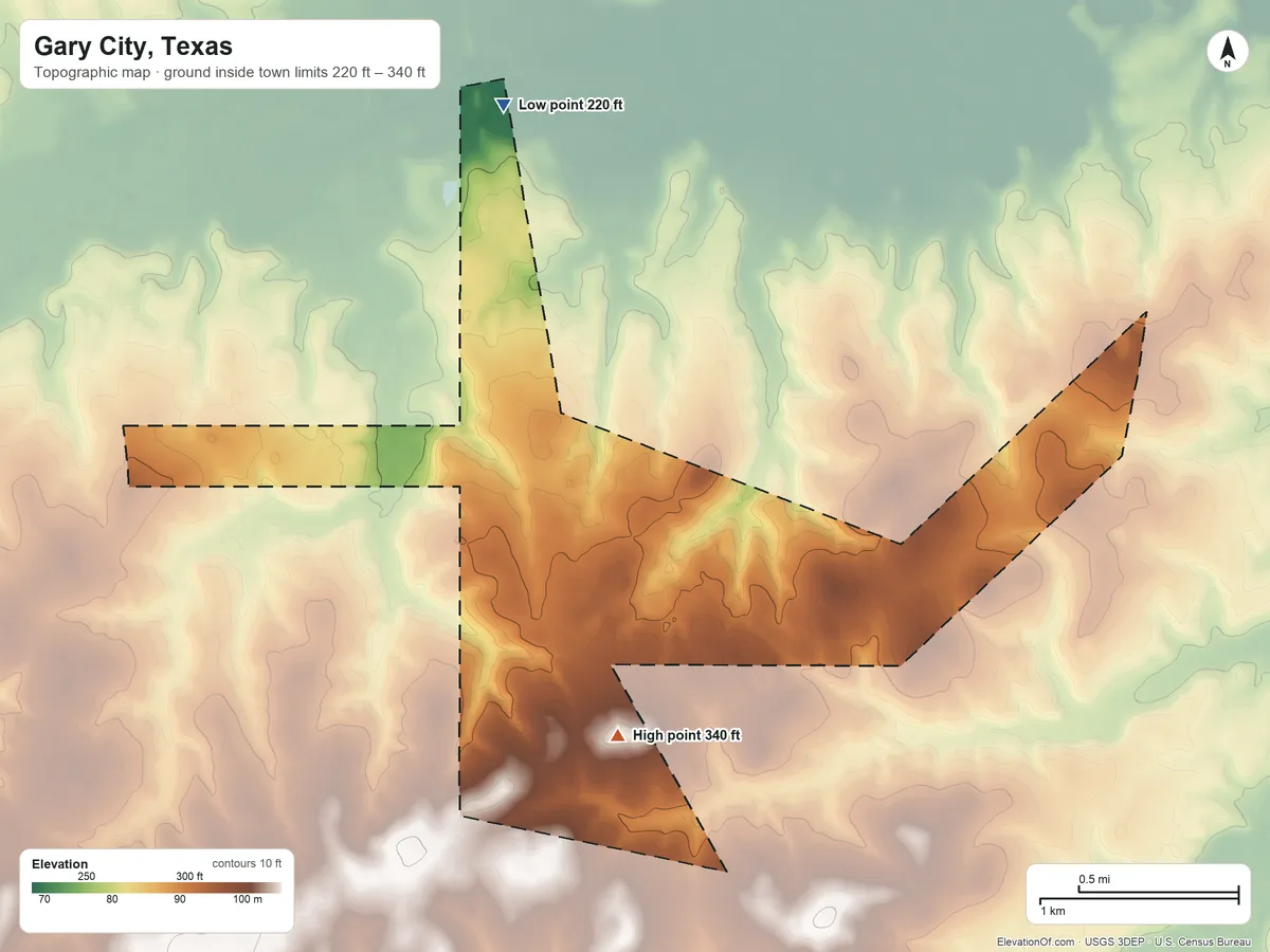 Topographic elevation map of Gary City, Texas, shaded from 220 ft on the north side to 340 ft on the south side