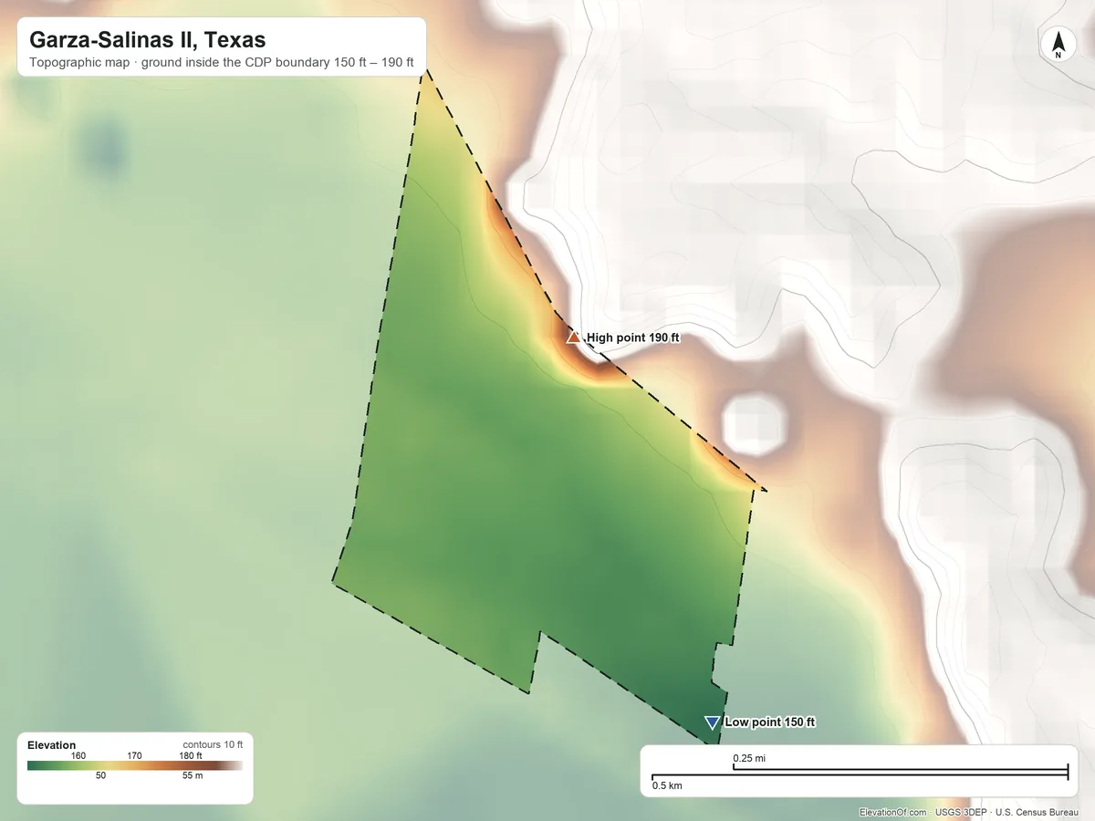 Topographic elevation map of Garza-Salinas II, Texas, shaded from 150 ft on the southeast side to 190 ft on the northeast side