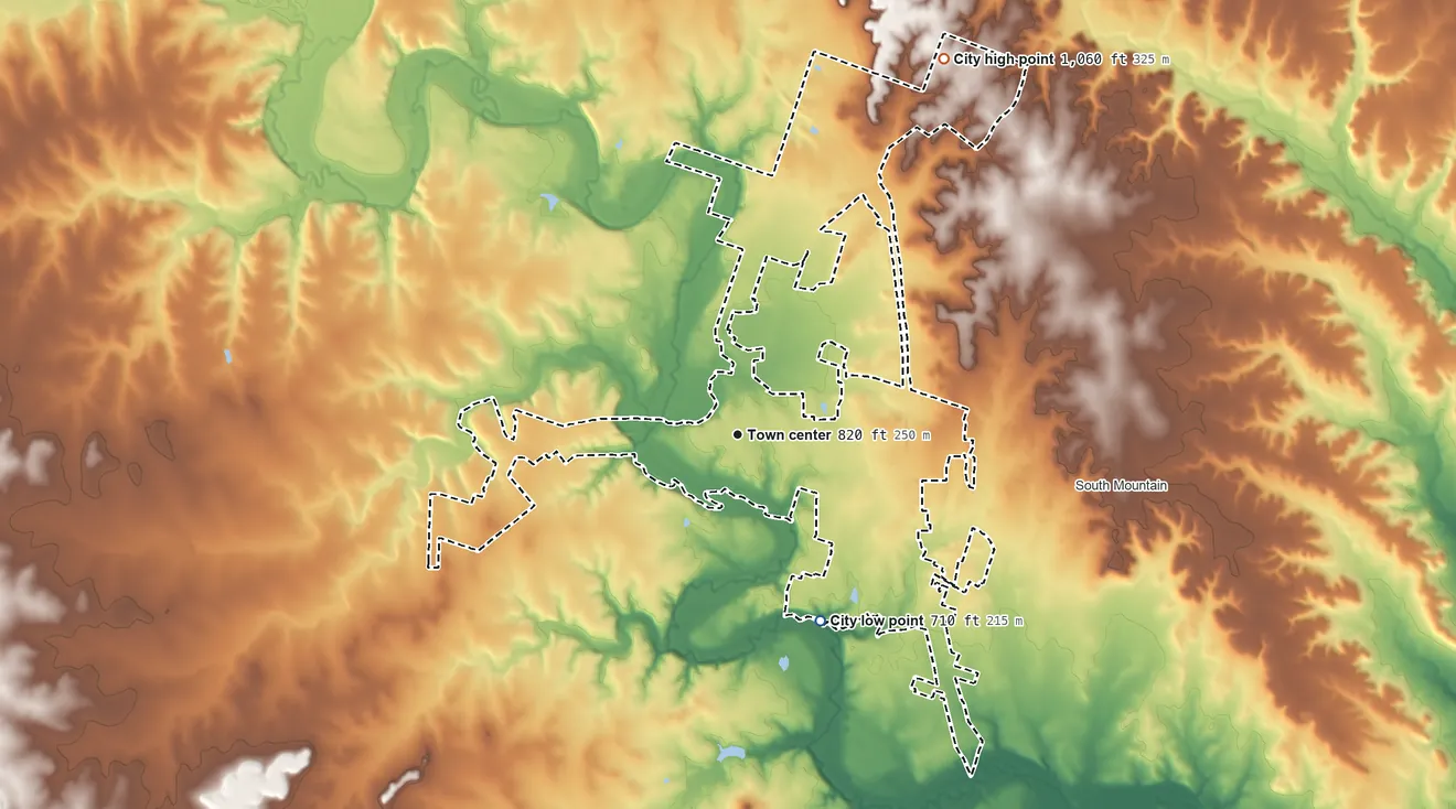 Topographic elevation map of Gatesville, Texas, shaded from 710 ft on the southeast side to 1,060 ft on the northeast side
