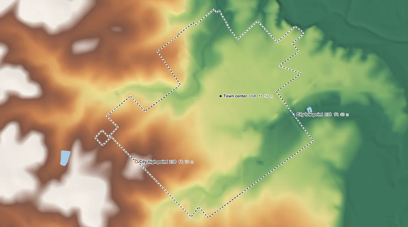 Topographic elevation map of George West, Texas, shaded from 130 ft on the east side to 230 ft on the southwest side