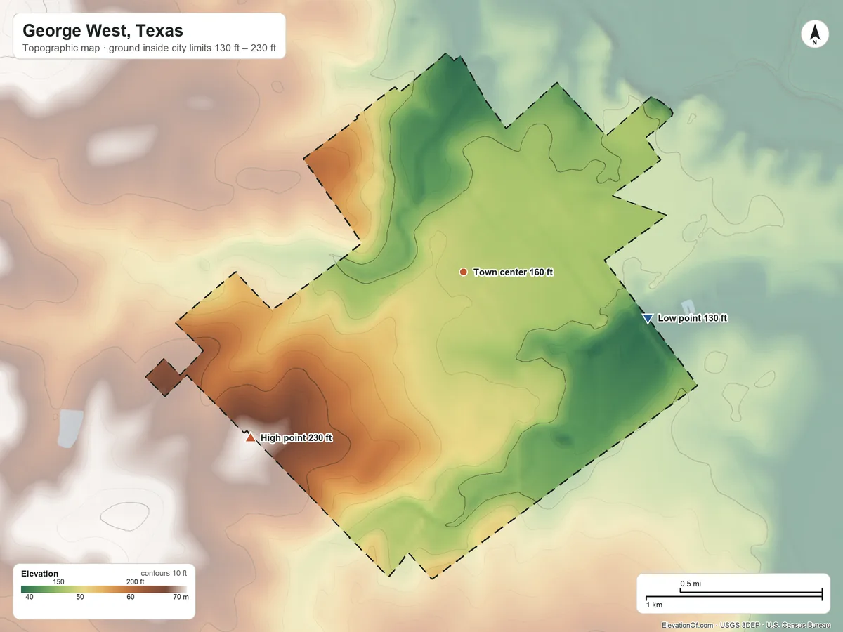 Topographic elevation map of George West, Texas, shaded from 130 ft on the east side to 230 ft on the southwest side