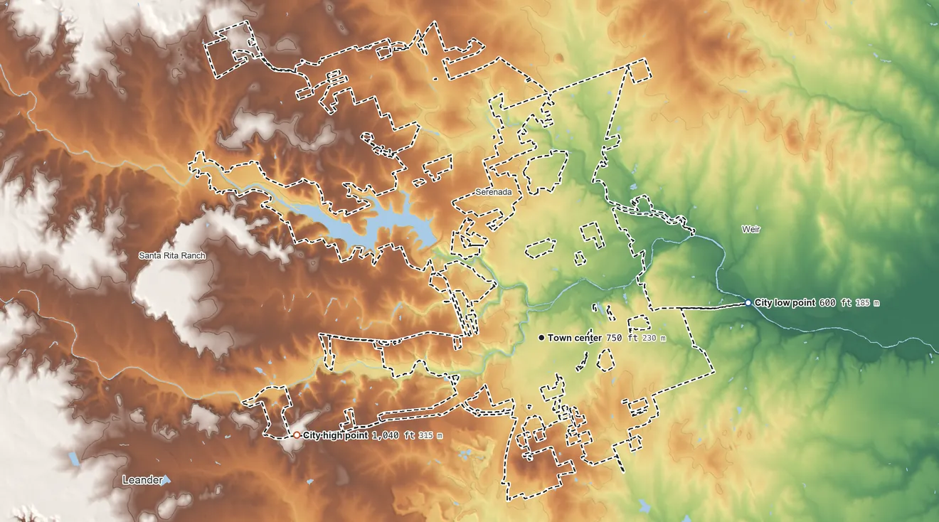 Topographic elevation map of Georgetown, Texas, shaded from 600 ft on the east side to 1,040 ft on the west side