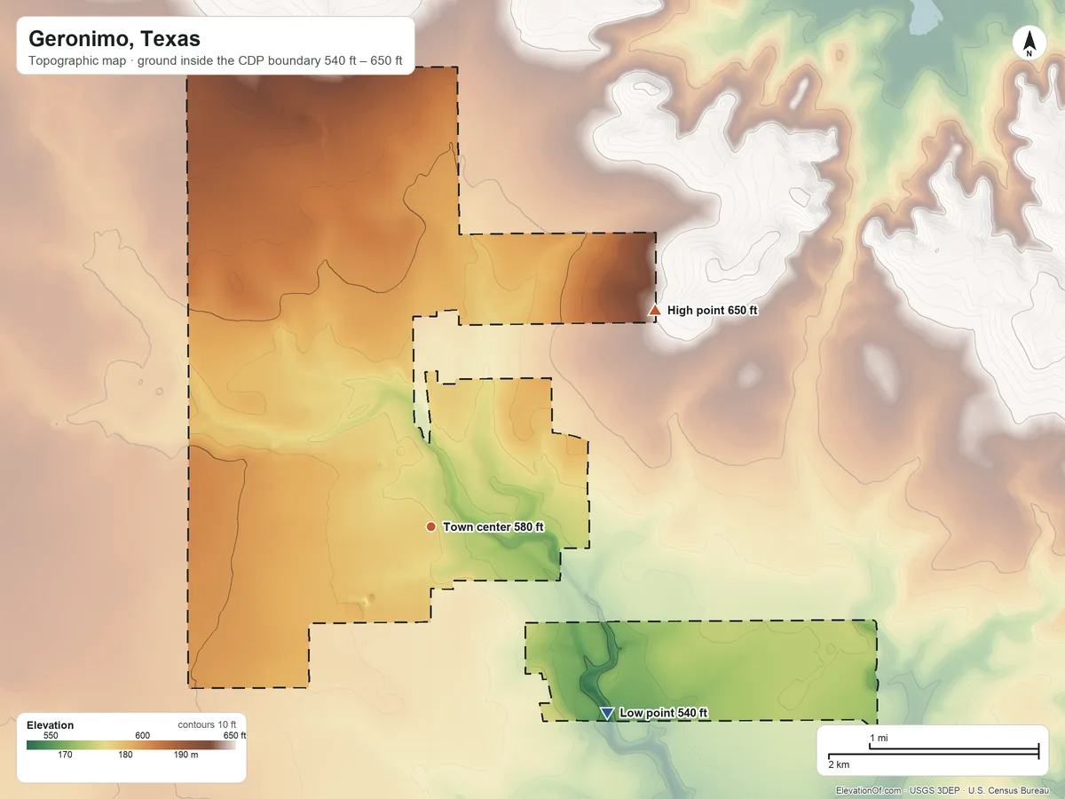Topographic elevation map of Geronimo, Texas, shaded from 540 ft on the southeast side to 650 ft on the northeast side