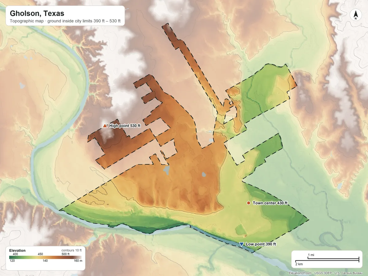 Topographic elevation map of Gholson, Texas, shaded from 390 ft on the south side to 530 ft on the northwest side