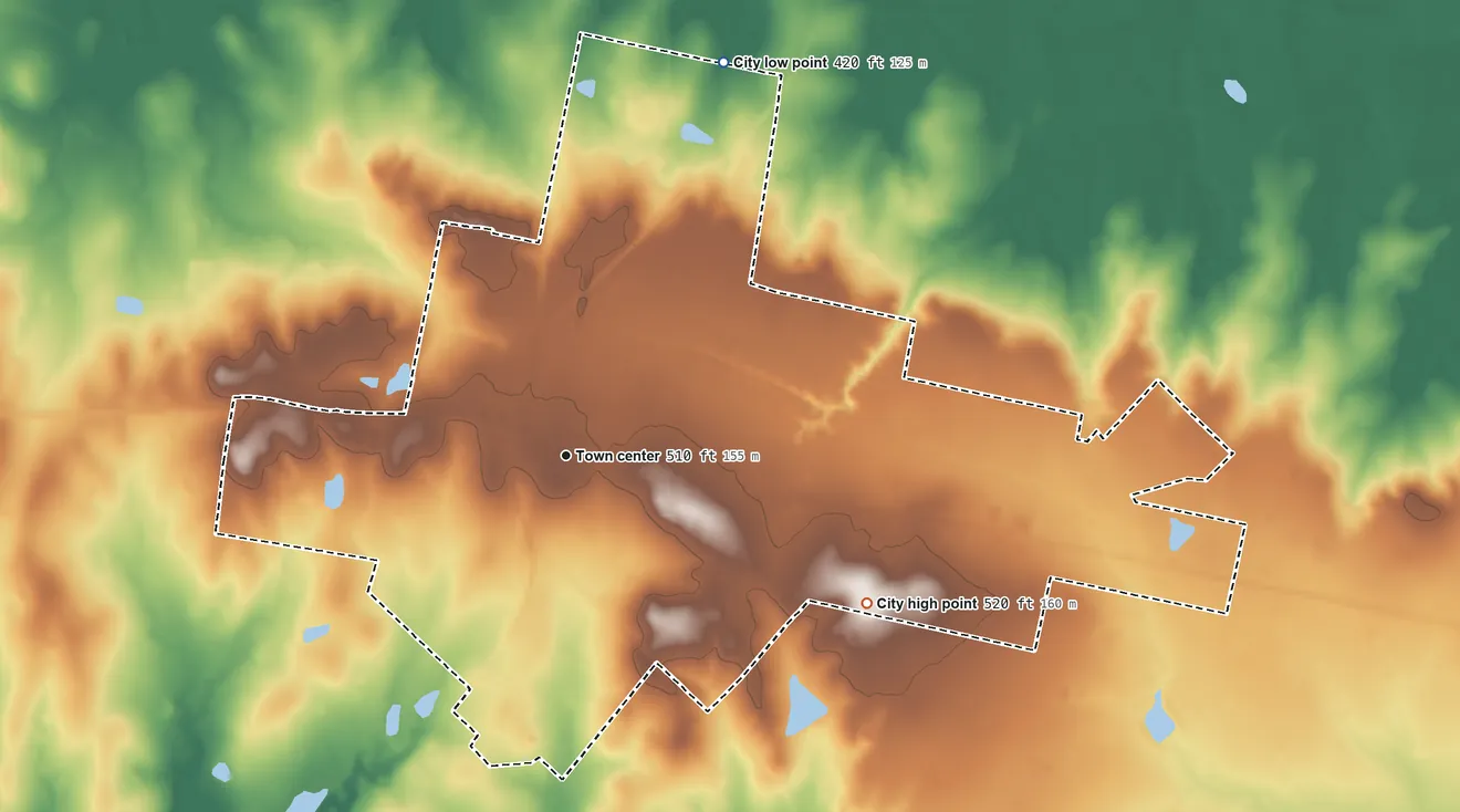 Topographic elevation map of Giddings, Texas, shaded from 420 ft on the north side to 520 ft on the southeast side