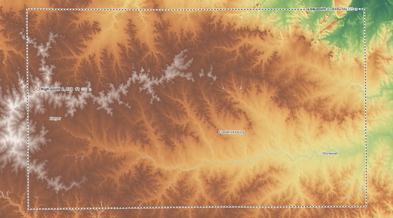 Topographic elevation map of Gillespie County, Texas, shaded from 1,040 ft on the northeast side to 2,270 ft on the west side