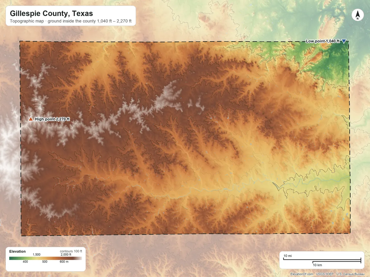 Topographic elevation map of Gillespie County, Texas, shaded from 1,040 ft on the northeast side to 2,270 ft on the west side