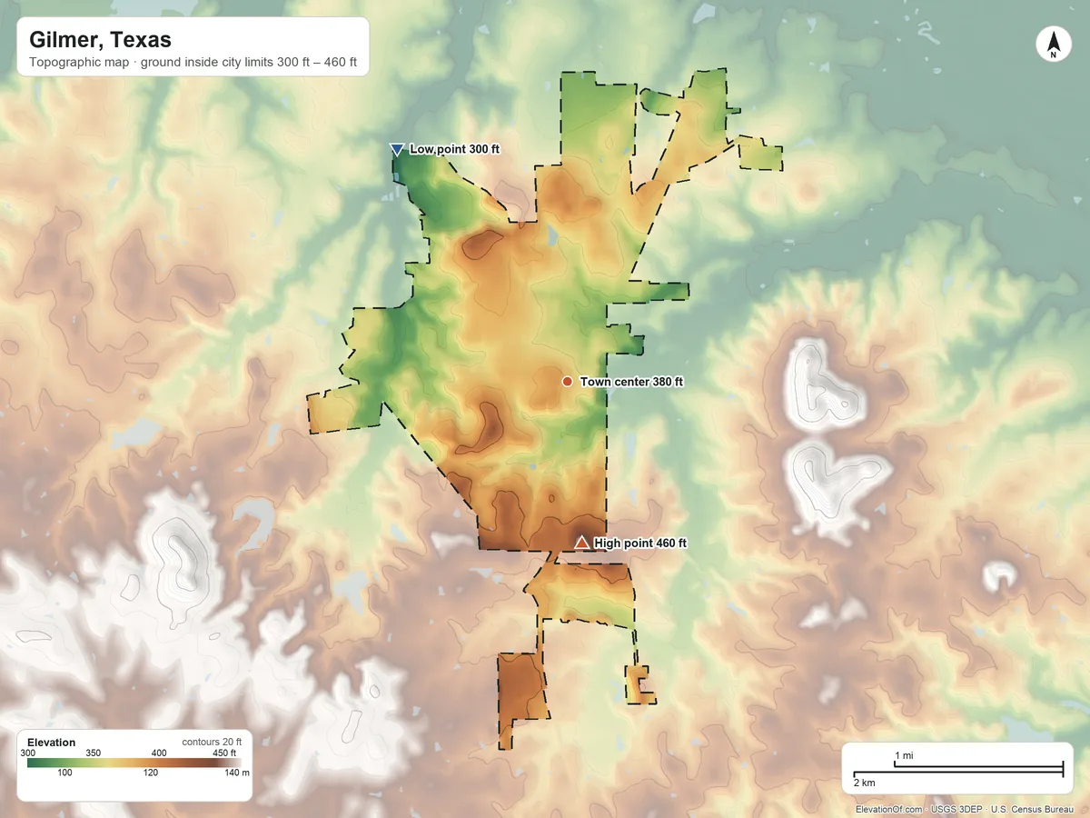 Topographic elevation map of Gilmer, Texas, shaded from 300 ft on the northwest side to 460 ft on the south side
