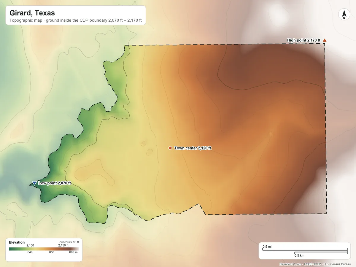 Topographic elevation map of Girard, Texas, shaded from 2,070 ft on the west side to 2,170 ft on the northeast side