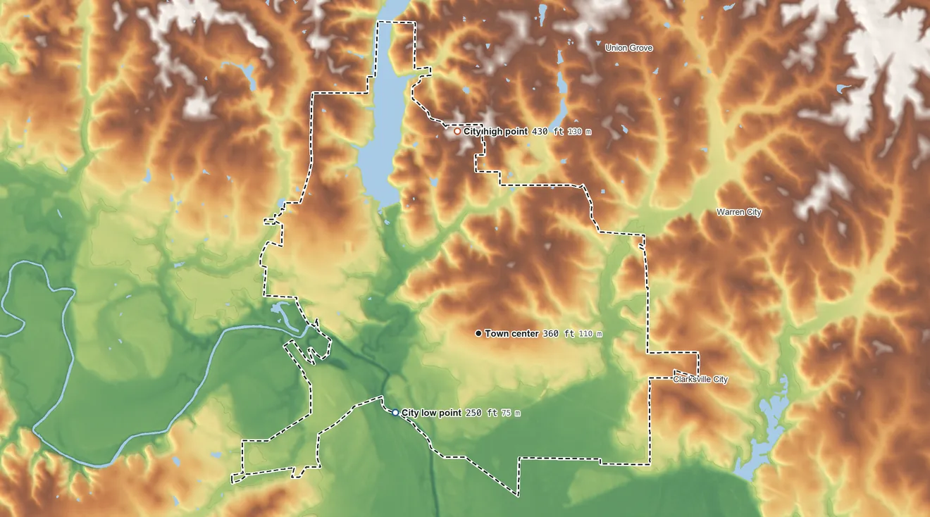 Topographic elevation map of Gladewater, Texas, shaded from 250 ft on the southwest side to 430 ft on the north side