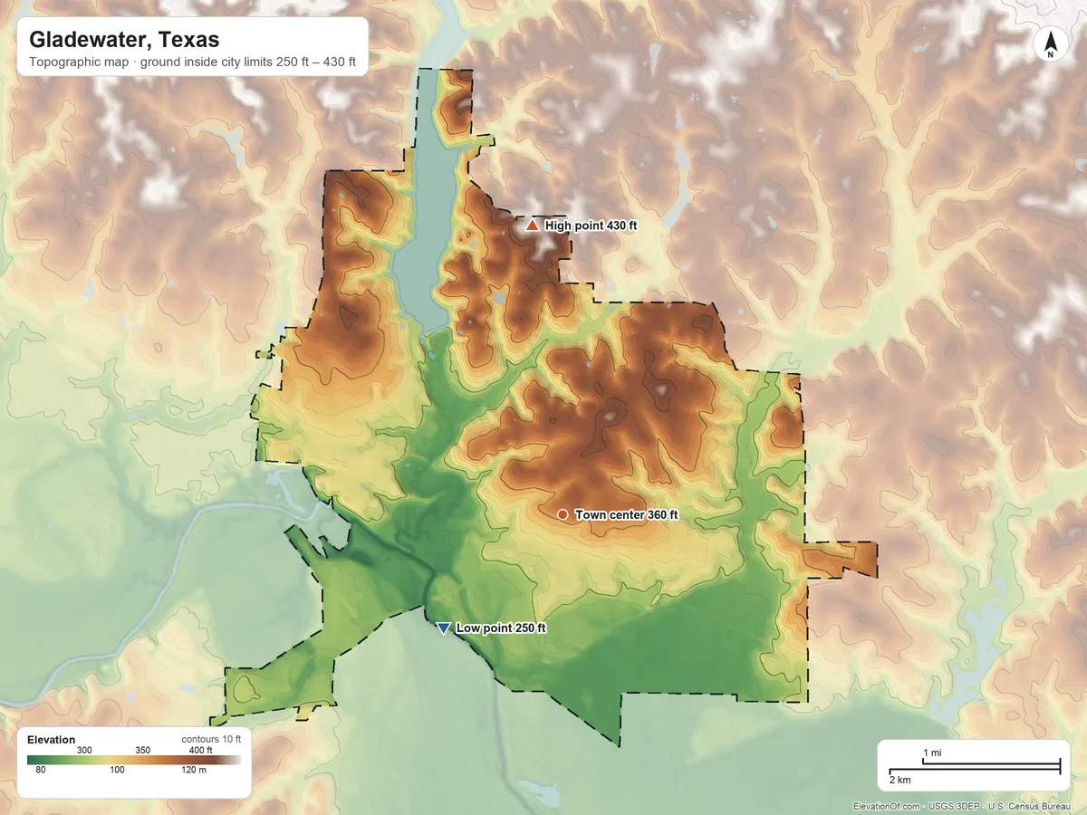Topographic elevation map of Gladewater, Texas, shaded from 250 ft on the southwest side to 430 ft on the north side