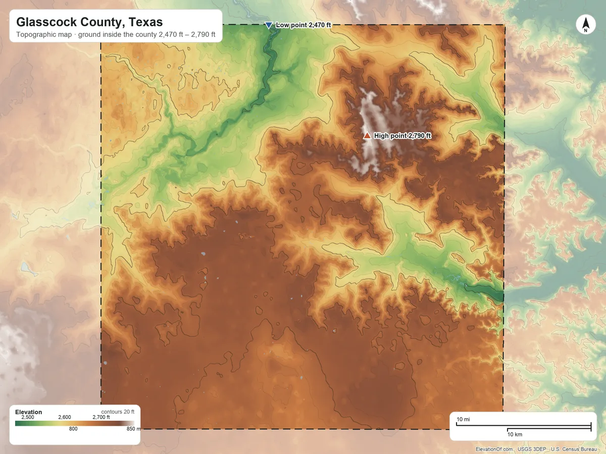 Topographic elevation map of Glasscock County, Texas, shaded from 2,470 ft on the north side to 2,790 ft on the northeast side